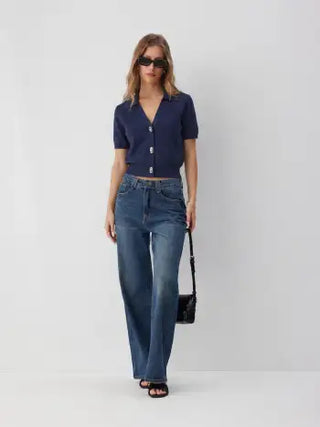 Knit Collar Colorblock Metal Button Short Sleeve Top