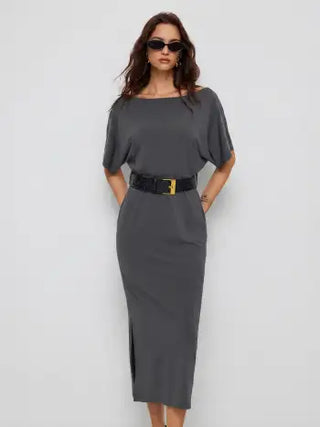High Stretch Boat Neck Batwing Sleeve Straight Maxi Dress With Belt
