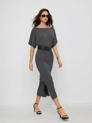 High Stretch Boat Neck Batwing Sleeve Straight Maxi Dress With Belt