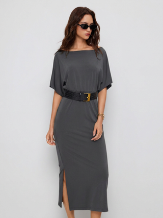 High Stretch Boat Neck Batwing Sleeve Straight Maxi Dress With Belt