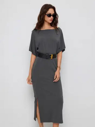 High Stretch Boat Neck Batwing Sleeve Straight Maxi Dress With Belt