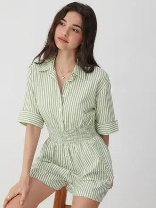 Cotton-Blend Striped Collar Shirred Waist Romper