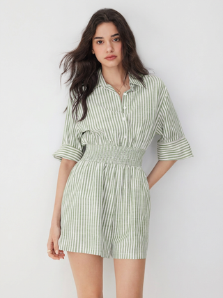 Cotton-Blend Striped Collar Shirred Waist Romper