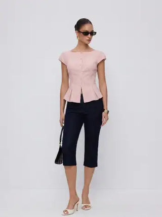 Cotton-blend Textured Boat Neck Puff Sleeve Button Through Peplum Blouse