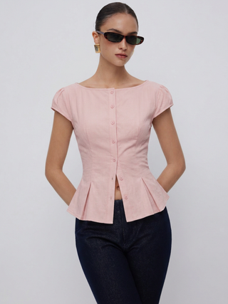 Cotton-blend Textured Boat Neck Puff Sleeve Button Through Peplum Blouse