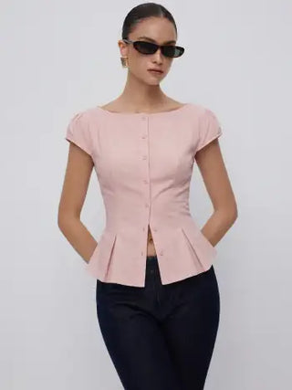 Cotton-blend Textured Boat Neck Puff Sleeve Button Through Peplum Blouse