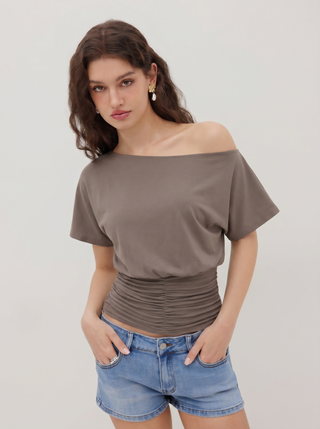 Cotton-blend Asymmetrical Neck Ruched Tee
