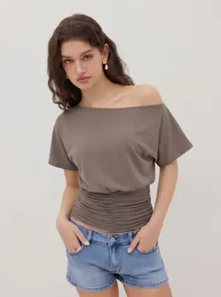 Cotton-blend Asymmetrical Neck Ruched Tee
