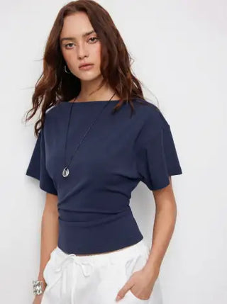 Cotton-blend Boat Neck Short Sleeve Tee