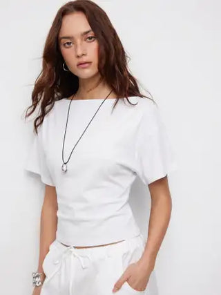 Cotton-blend Boat Neck Short Sleeve Tee