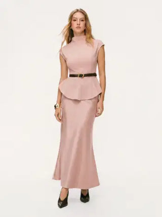 Stand Collar Cinched Waist Top With Belt & Zipper Mermaid Maxi Skirt Set