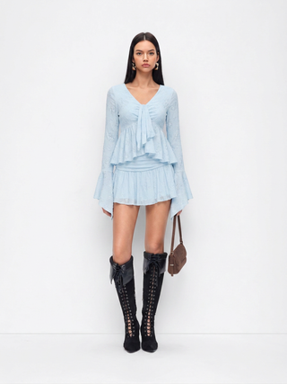 Lace V-neck Pointelle Bell Sleeve Crop Top With Ruched Mini Skirt Set