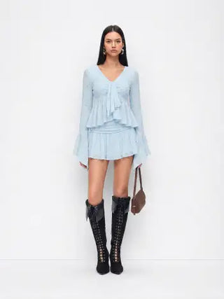 Lace V-neck Pointelle Bell Sleeve Crop Top With Ruched Mini Skirt Set