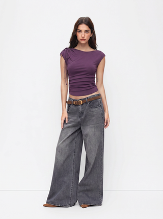Asymmetrical Neck Bowknot Cinched Waist Ruched Tee