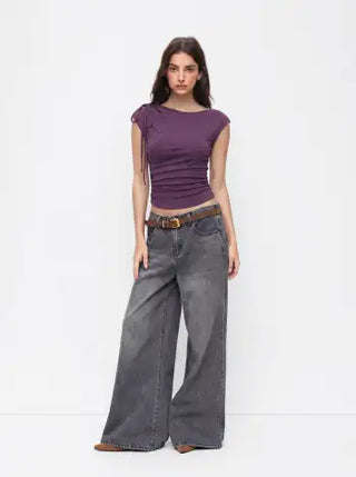 Asymmetrical Neck Bowknot Cinched Waist Ruched Tee