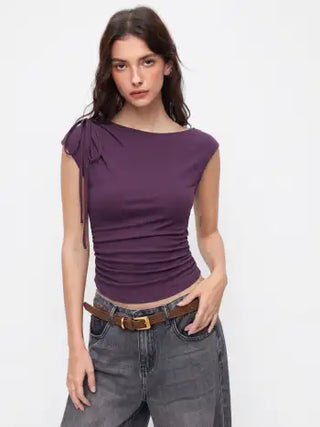 Asymmetrical Neck Bowknot Cinched Waist Ruched Tee