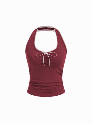 Cotton-blend Halter Neck Ruched Front Cami Top
