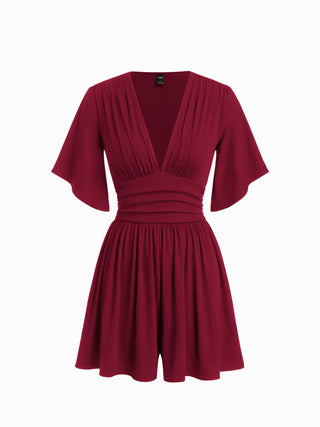 Textured V-neck Ruched Mid Rise Bell Sleeve Romper