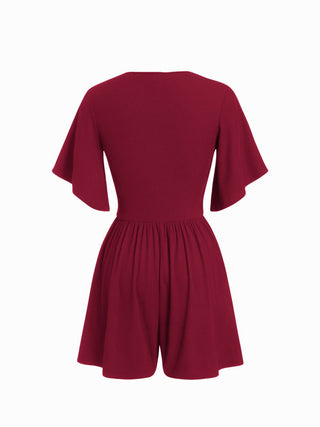Textured V-neck Ruched Mid Rise Bell Sleeve Romper