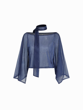 Sheer Glitter Chiffon Boat Neck Top with Scarf