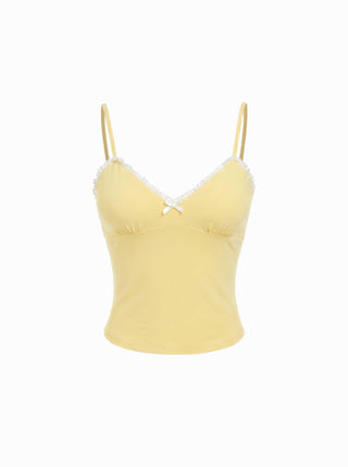 Cotton-blend V-neck Lace Trim Ruched Bowknot Cami Top
