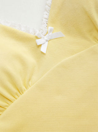 Cotton-blend V-neck Lace Trim Ruched Bowknot Cami Top