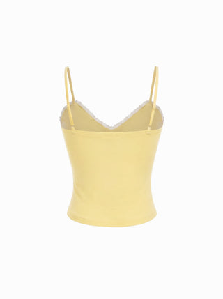 Cotton-blend V-neck Lace Trim Ruched Bowknot Cami Top