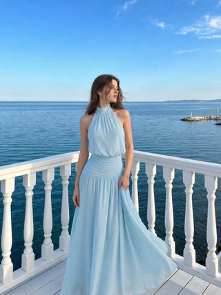 Chiffon Halter Neckline Backless A-Lined Maxi Dress