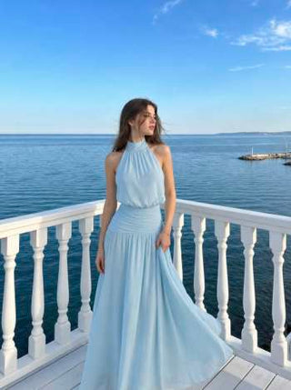 Chiffon Halter Neckline Backless A-Lined Maxi Dress