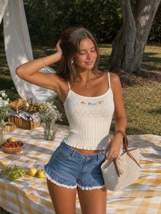 Knit Pointelle Floral Embroidery Square Neck Crop Cami Top