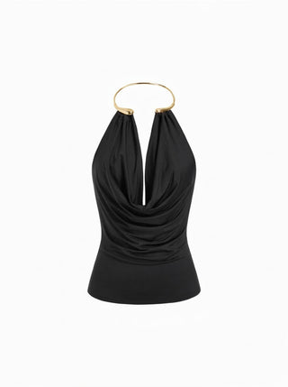 Cowl Neck Metal Detail Ruched Top