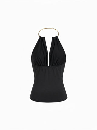Cowl Neck Metal Detail Ruched Top