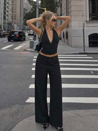 Lace Trimmed Low Rise Wide Leg Trousers