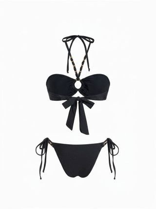 Halter Neckline Criss-Cross Bowknot Tie Side Bikini Set