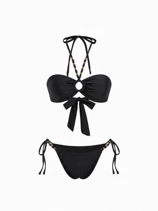 Halter Neckline Criss-Cross Bowknot Tie Side Bikini Set