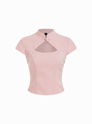 Linen-blend Stand Collar Short Sleeve Cut Out Contrasting Binding Blouse