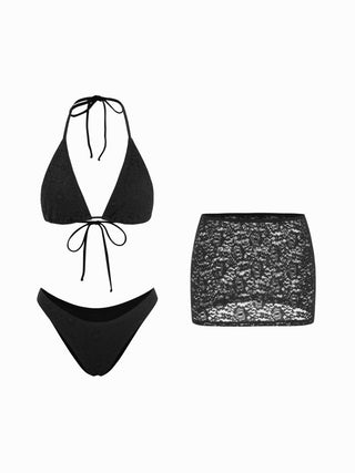 Halter Neckline Lace Triangle Bikini Set With Lace Skirt