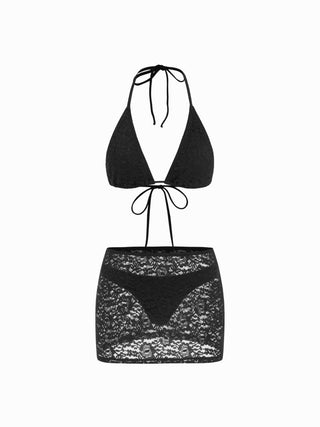 Halter Neckline Lace Triangle Bikini Set With Lace Skirt