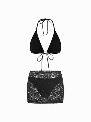 Halter Neckline Lace Triangle Bikini Set With Lace Skirt