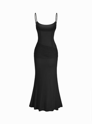 Mesh Sculptural V-neck Pleated Corset Glitter Bobycon Maxi Dress