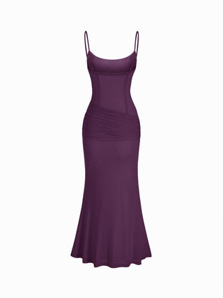 Mesh Sculptural V-neck Pleated Corset Glitter Bobycon Maxi Dress