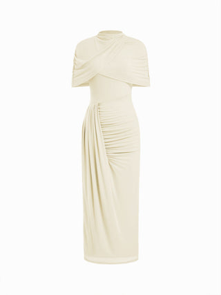 Mesh High Neckline Asymmetrical Ruched Cloak Sleeve Mermaid Maxi Dress