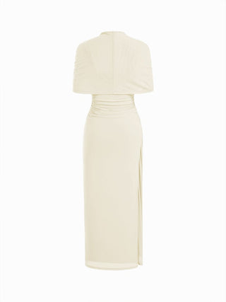 Mesh High Neckline Asymmetrical Ruched Cloak Sleeve Mermaid Maxi Dress