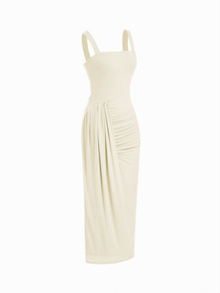 Mesh High Neckline Asymmetrical Ruched Cloak Sleeve Mermaid Maxi Dress