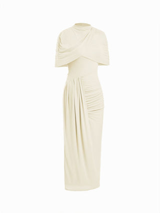 Mesh High Neckline Asymmetrical Ruched Cloak Sleeve Mermaid Maxi Dress