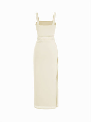 Mesh High Neckline Asymmetrical Ruched Cloak Sleeve Mermaid Maxi Dress