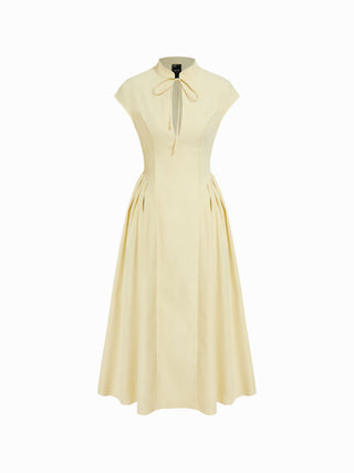 Stand Collar Tie-Neck Short Sleeve Draped Pocket Flared Maxi Dress