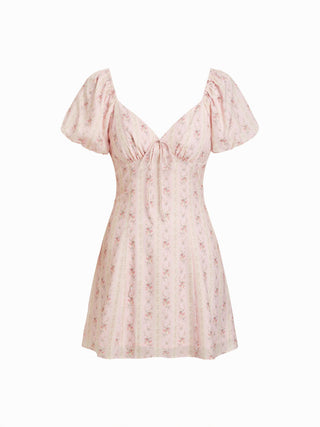 Abstract Print Sweetheart Puff Sleeve A-line Mini Dress