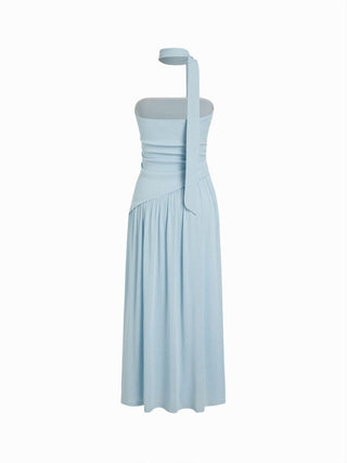 Textured Halter Neckline Ruched Split A-line Maxi Dress With Scarf