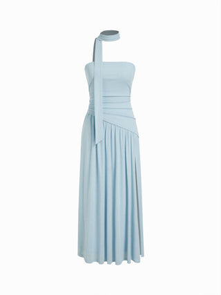 Textured Halter Neckline Ruched Split A-line Maxi Dress With Scarf